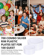 GATHER 700PCS Silver Plastic Plates - Silver Disposable Dinnerware Sets 100 Guest Include 200 Plates, 300 Silverware, 100 Napkins, 100 Cups For Wedding & Party