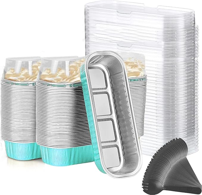 Mini Loaf Baking Pans with Lids And Spoons (100 Pack, 6.8oz) Rectangle Aluminum Foil Baking Pans Tins Containers - Cupcake Containers Wrappers Cheesecake Creme Brulee Ramekins