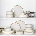 GBHOME 12-Piece Stoneware Dinnerware Set for 4 – Ribbed Ceramic Plates and Bowls, Scratch-Resistant, Microwave & Dishwasher Safe, Reactive Glaze, White with Honey-Brown Edge