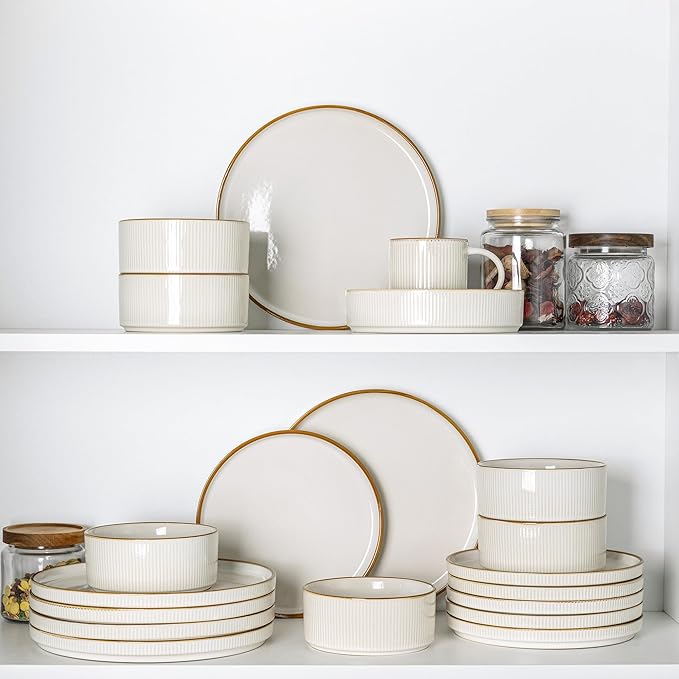 GBHOME 12-Piece Stoneware Dinnerware Set for 4 – Ribbed Ceramic Plates and Bowls, Scratch-Resistant, Microwave & Dishwasher Safe, Reactive Glaze, White with Honey-Brown Edge