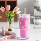 INSETLAN Daisy Glass Cups for Women, 26oz Clear Glass Tumbler with Lid and Straw, Customizable Aesthetic Flower Mug for Birthday, Mother’s Day, Christmas, Girl Gifts