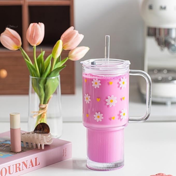 INSETLAN Daisy Glass Cups for Women, 26oz Clear Glass Tumbler with Lid and Straw, Customizable Aesthetic Flower Mug for Birthday, Mother’s Day, Christmas, Girl Gifts