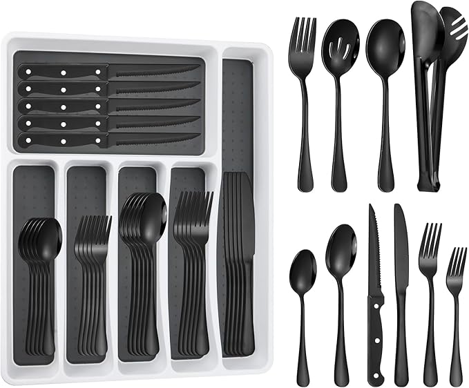 65PCS Black Silverware Set for 10 with Cutlery Drawer Organizer, Stainless Steel Flatware Set with Steak Knives, Include Spoons and Forks Set & Serving Utensils, Mirror Polished