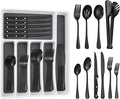 65PCS Black Silverware Set for 10 with Cutlery Drawer Organizer, Stainless Steel Flatware Set with Steak Knives, Include Spoons and Forks Set & Serving Utensils, Mirror Polished