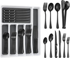 65PCS Black Silverware Set for 10 with Cutlery Drawer Organizer, Stainless Steel Flatware Set with Steak Knives, Include Spoons and Forks Set & Serving Utensils, Mirror Polished