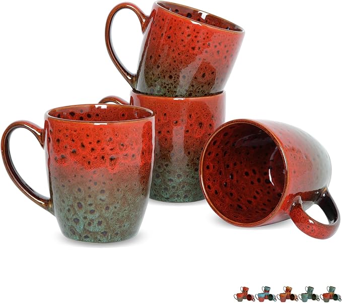 Bosmarlin Ceramic Coffee Mug Set of 4, 17 Oz, Coffee Cups with Big Handle, Microwave Safe, Unique Reactive Glaze (Red&Green)
