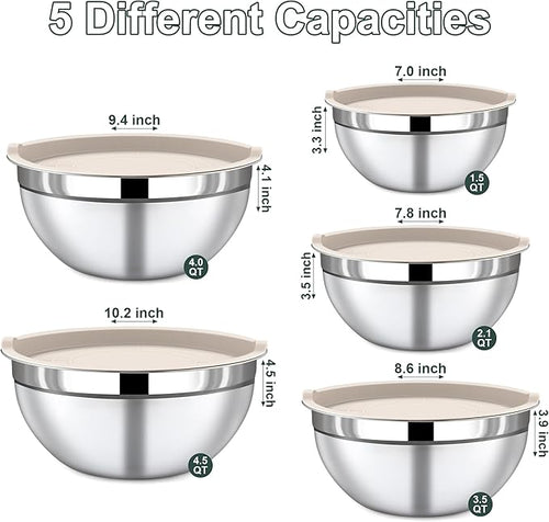 5 Piece Stainless Steel Mixing Bowls with Lids Set - Khaki Nesting Metal Mixing Bowls for Kitchen, Sizes 4.5, 4, 3.5, 2.1, 1.5 Qt for Baking, Cooking and Serving, Dishwasher Safe