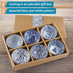 Ceramic Rice Bowls 10 oz, Japanese Style Bowl Gift Set, Assorted Dinnerware Serving Bowls for Cereal, Soup, Dessert, Snack, Fruit, Salsa, Pack of 6 (Blue and White)