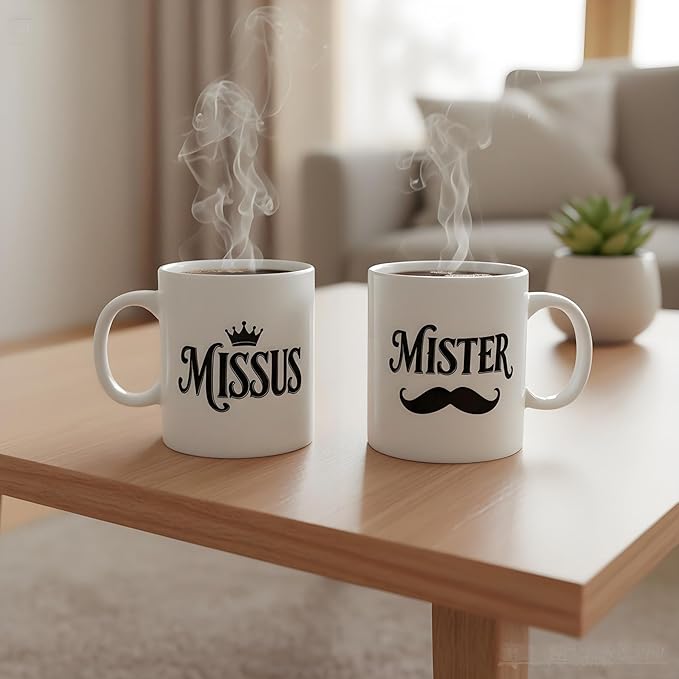 Couples Mug Set“Mister & Missus” Ceramic Coffee Mugs Set of 2, His & Hers Gift Set with Hot Coco Mix & English Breakfast Tea Gift Boxed for Anniversary, Wedding or Valentine’s Day Present