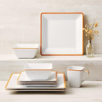 TP 12-Piece Melamine Dinnerware Sets, Plates and Bowls Dishes Set for 4, Break-Resistant & Non-Microwavable, Lightweight Square Dinner Plates, White with Rim