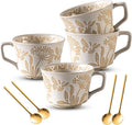 Coffee Mugs Set of 4 with Gold Spoon, 11 oz Porcelain Mug, Ceramic Tea Cups with Handle for Men Women, Hand-painted Mug, Birthday Housewarming Wedding Gift, Dishwasher Microwave Safe