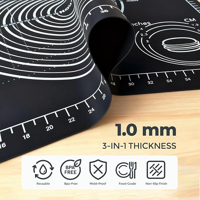 Extra Large Baking Mat - 28" Silicone Pastry Mat, Reusable Non-Stick Dough Mat with Measurement for Fondant, Rolling Dough, Pie Crust, Pizza and Cookies, Black