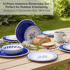 Blue Melamine Dinnerware Sets,12-Piece Plates and Bowls Set for 4,Coastal Farmhouse Style Dish Sets,Chip Resistant & Dishwasher Safe,Dark Indigo Vintage Pattern for Outdoor Patio Everyday Use