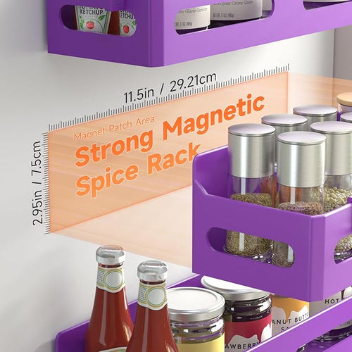 4 Pack Strong Magnetic Spice Rack for Refrigerator, Multipurpose Magnetic Shelf for Fridge with 4 Hooks for kitchen and Bathroom Organization, Purple