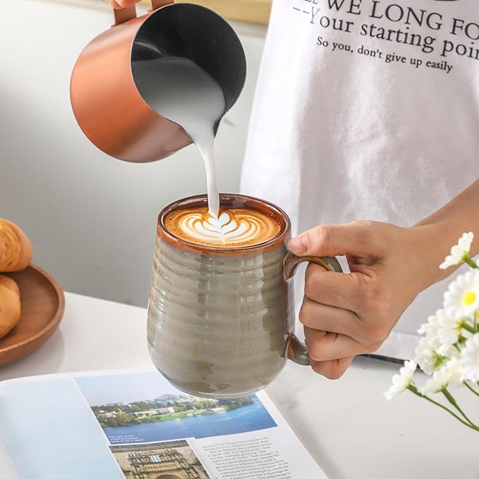 MEKY Ceramic Coffee Mugs Set of 6, 15oz Coffee Cups for Office and Home, Latte Mug Set for Birthday Thanksgiving Housewarming Gift, Dishwasher Microwave Safe, Brown