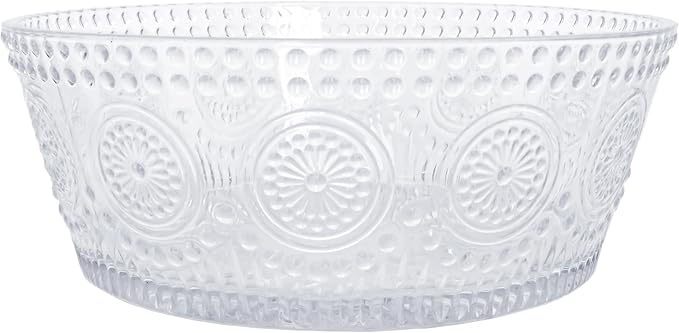 Boston International Vintage-Inspired Glass Serving Bowl with Embossed Floral Pattern for Salad Snacks Dinner, Large 7" x 2.75", Clear Codi