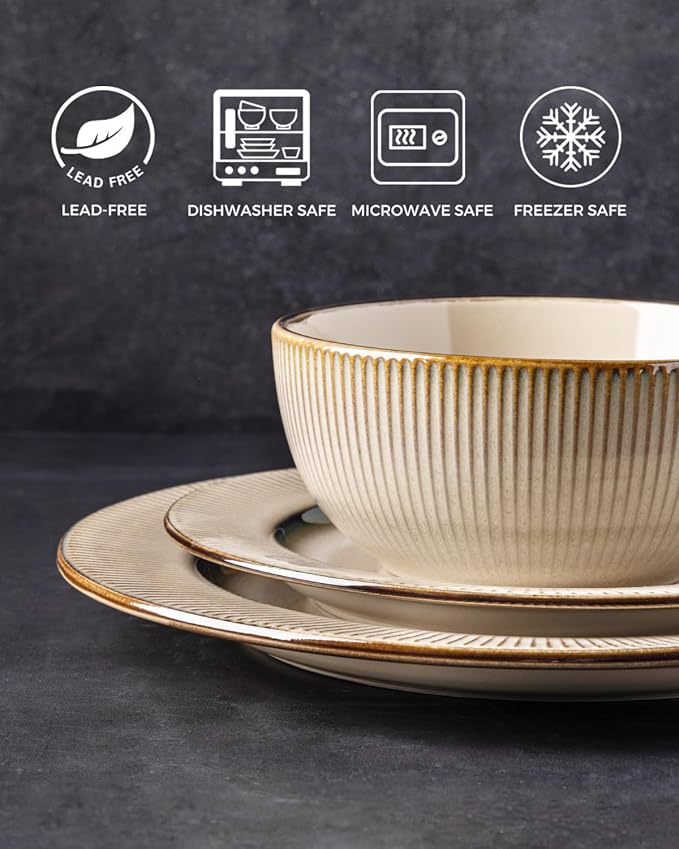 GBHOME Ceramic Dinnerware Sets,12 pcs Embossed Elegant Stoneware Plates and Bowls Sets, Housewarming Wedding Gift | Dishwasher & Microwave Safe | Dishes Set Service for 6