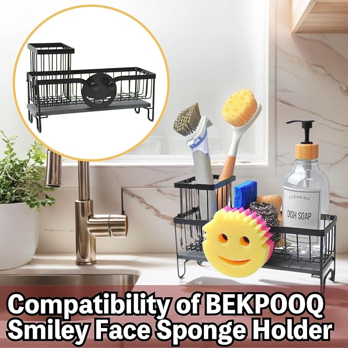 Stainless Steel Smiley Face Sponge Holder with Adhesive Hook - No Falling Risk, Rustproof Sink Sponge Holder for Kitchen, Bathroom&RV Apartment, Keep Happy Face Sponges Dry and Odor Free, Black