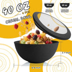 40 OZ Unbreakable Cereal Bowls with Lids, Wheat Straw Bowls Set of 4 with Unique Pattern, Reusable Plastic Bowl for Cereal, Soup, Salad and Ramen, Indoor & Outdoor Essentials, Black
