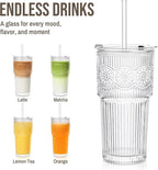 SoulTimes 20oz Ribbed & Floral Glass Tumbler Set of 4 – Reusable Glass Cups with Lid and Glass Straw, To-Go Iced Coffee Cups for Water, Smoothie, Milk, Cocktail & More – Perfect for Daily Use & Travel