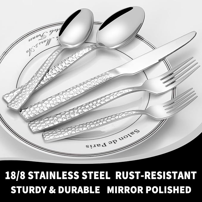 60 Piece Silverware Set for 12, Amafox Stainless Steel Hammered Flatware Set, Kitchen Utensil Cutlery Silverware Set Include Fork Spoon Knife, Mirror Finished Silverware Sets, Dishwasher Safe