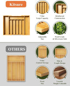 Kitsure Large Bamboo Silverware Organizer - Expandable Drawer Organizer for Utensil, Cutlery and Flatware, Kitchen Storage Solution with 6 to 8 Slots, Natural, 19.4" × 13.1" × 1.8"