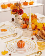 bUCLA 150Pcs Clear Gold Plastic Dinnerware Set - Clear and Gold Disposable Plates Include 25 Dinner / 25 Dessert Plates,25 Knives,25 Forks,25 Spoons,25 Cups for Party
