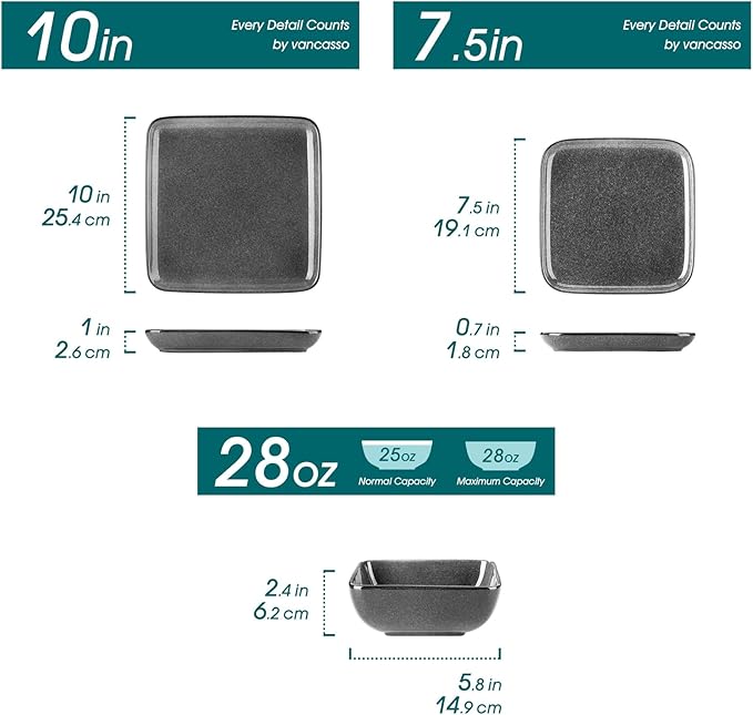 vancasso Stern Gray Dinner Set Square Reactive Glaze Tableware 12 Pieces Kitchen Dinnerware Stoneware Crockery Set with Dinner Plate, Dessert Plate, Bowl Service for 4