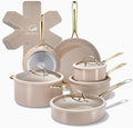 Chef Power Ceramic Cookware Sets, 15Pcs Pots and Pans Set Non Stick, Cookware Set with Stainless Steel Handle, Dishwasher & Oven Safe, Taupe and Light Gold Handle