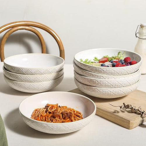 22 Oz Pasta Bowls Set of 4 - Ceramic Soup Bowls, 8inch Large Serving Bowl, Porcelain Kitchen Embossed Dish for Salad, Fruit, Rice, Desserts, Housewarming Present, Dishwasher Safe