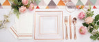 Festiva 350Pcs Rose Gold Plastic Plates - Clear Rose Gold Disposable Dinnerware Sets for 50Guests include 100 Plates 50 Cups 50Plastic Cutlery 50Napkins for Party&Wedding& Mother's Day