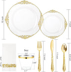 Morejoy 350PCS Clear and Gold Plastic Plates - Clear Plastic Dinnerware Set Include 50Dinner Plates, 50Dessert Plates 150Cutlery, 50Cups, 50Napkin Perfect for Party & Wedding