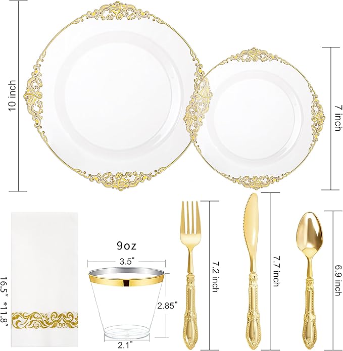 Morejoy 175PCS Clear and Gold Plastic Plates - Clear Plastic Dinnerware Set Include 25Dinner Plates, 25Dessert Plates 75Cutlery, 25Cups, 25Napkin Perfect for Party & Wedding