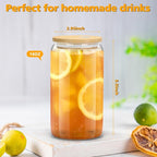 sungwoo 4PCS Glass Cups with Bamboo Lids and Straws, 16OZ Ice Coffee Cup, Drinking Cup set with Wooden Lids, Home Essential Glass Tumblers for Beer, Cocktail, Tea and Latte Clear