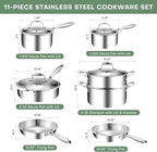 11-Piece Pots and Pans Set, 18/10 Stainless Steel Cookware Set, Induction Compatible, PFOA-Free Coating, Dishwasher Safe, Includes Frying Pan & Sauce Pan with Lids