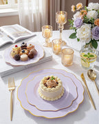 bUCLA 180PCS Purple Plastic Plates - Disposable Purple with Gold Rim, Include 30 Each (Dinner & Salad) Plates, 30 Knives, 30 Forks, 30 Spoons, 30Cups for Party, Shower & Birthday