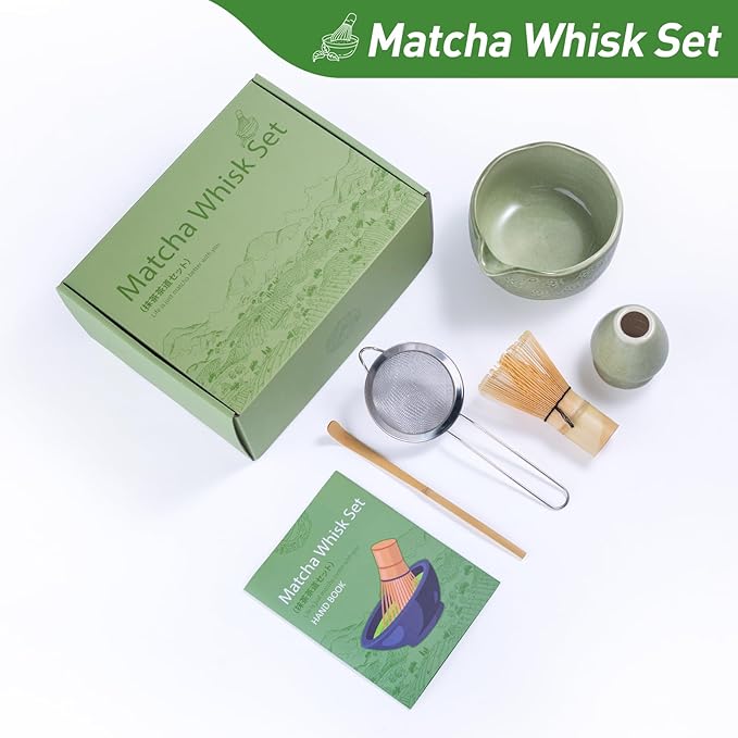 Matcha Whisk Set,5 Pcs Matcha Kit includes 18OZ Ceramic Bowl with Spout,Bamboo Whisk,Holder,Bamboo Scoop, Stainless Sifter for Matcha Lovers or Beginners