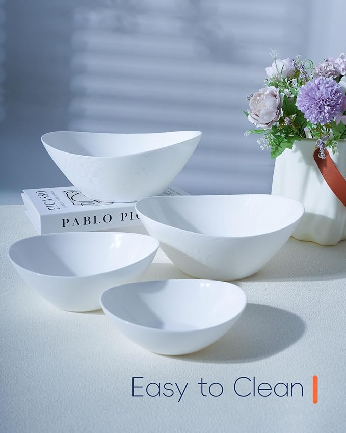 LaGlint 12 OZ Bowl Set of 6, Opal Glass 6 inch Oval Small Ice Cream Bowls for Breakfast Snack Dessert, Side Dishes, Fruit Kitchen, Microwave & Dishwasher Safe, White