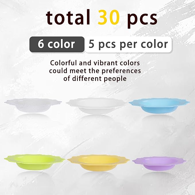 COLOSUS Plastic Multi-color Bowls (30 Pack) 12 Oz Disposable for Party Dessert/Salad Bowl, Fancy Shatterproof Dinnerware for Catering, Holidays, Children Party, and Everyday Use