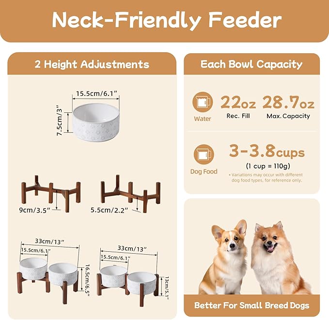 Havniva 6.1inch Ceramic Raised Double Bowls Set with Acacia Wood Stand, 2 Heights Elevated, Food & Water Bowls for Small Breed Dogs, Weighted Dog Dishes, Pet Bowl(27oz, Arctic White)