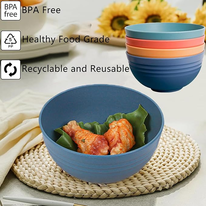 Unbreakable Wheat Straw Cereal Bowls Set of 4, 24 OZ Microwave and Dishwasher Safe Lightweight Soup and Salad Bowl Sets, Reusable Dessert Bowls for Rice, Pasta, Snack, Fruit, BPA Free (4 Colors)