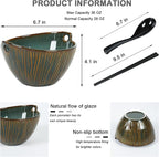 Ceramic Ramen Bowl with Chopsticks and Spoons Set, 6.7 Inch Noodle Bowl Set for Pho Udon Soba, Set of 2 (Ocean Blue)