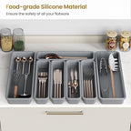 7 Pack Silicone Silverware Drawer Organizer, DIY Free Combination Kitchen Drawer Organizer, Utensil Organizer, Moisture-proof and Heat-resistant up to 200°C, Anti-slip Design (Grey)