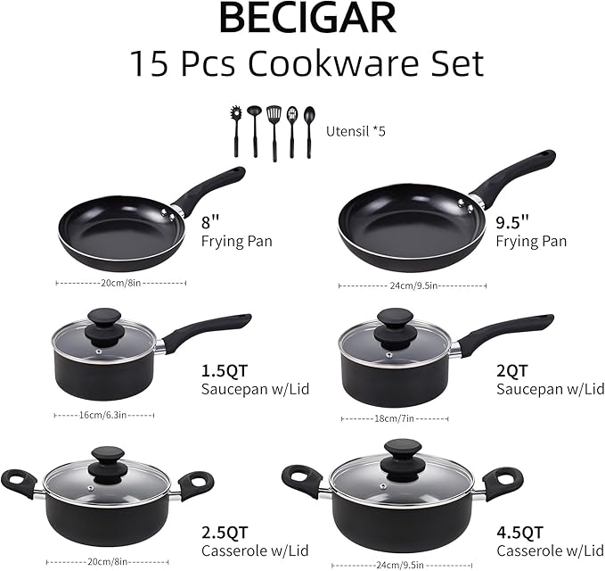 Black Ceramic Pots and Pans Set, 15PCS Nonstick Set Ceramic Cookware Set, Nonstick Pan Pots and Pans Set Non Stick Cookware set