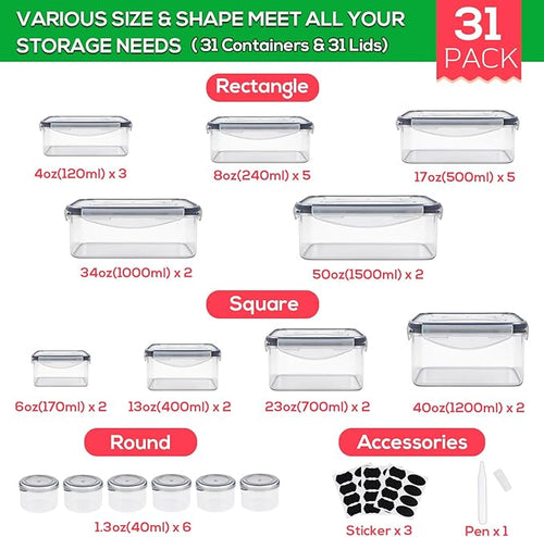 62PCS Thicker Food Storage Containers with Lids Airtight Leakproof, BPA Free Plastic Kitchen Food Storage Containers, Stackable Reusable Meal Prep Food Containers with Lids, Freezer Microwave Safe