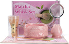 Matcha Whisk Set,7 Pcs Matcha Kit Set with Bowl & Holder, Bamboo Whisk (Chasen), Scoop, Spoon and Sifter and Tea Towel,Matcha Kit Covers Everything Needed for Making Matcha (Pink)