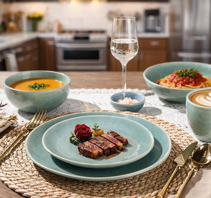 GBHOME Ceramic Dinnerware Sets for 8, 24 Pieces Stoneware Plates and Bowls Sets, Reactive Glaze Dish set -Scratch Resistant, Dishwasher&Microwave Safe-Malachite Green