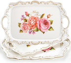 Nicunom 3 Pack Melamine Serving Tray with Handles, Floral Serving Trays Stackable Food Tray for Eating Unbreakable Large Serving Platter for Party, Decor, Home, Restaurant, Gift,16" L x 11" W