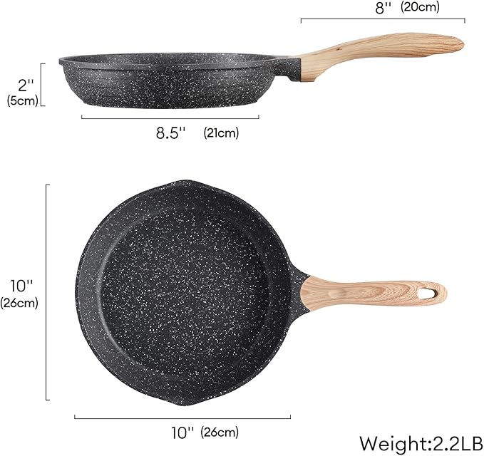 JEETEE 10 inch Nonstick Frying Pan Granite Stone Coating Cookware, Nonstick Omelette Skillet with Soft Touch Handle, Compatible with All Stoves (Grey)