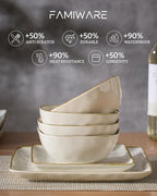 Famiware Dinnerware Sets for 8, Ocean Square 24-Piece Kitchen Plates and Bowls Sets, Microwave and Dishwasher Safe, Scratch Resistant, Vanilla White